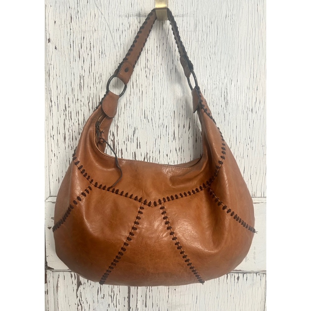 Authentic Stamp 10 Cognac Brown Whipstitch BOHO Slouchy Hobo Shoulder Bag